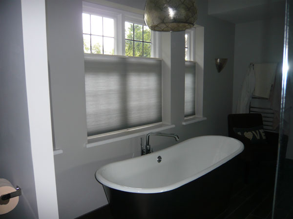 Grey Bottom Up Luxaflex Duette blinds for bathroom privacy